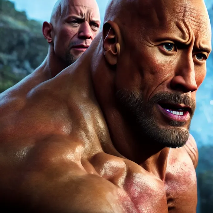 Image similar to Dwayne Johnson as Thanks, avengers end game, avengers infinity war, au naturel, hyper detailed, digital art, trending in artstation, cinematic lighting, studio quality, smooth render, unreal engine 5 rendered, octane rendered, art style by klimt and nixeu and ian sprigger and wlop and krenz cushart