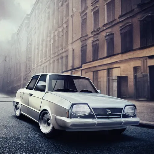Image similar to cheap, silver paint sedan Lada priora car, broken front, front view, heavy grain, hyperrealistic render, daylight, ray tracing, street photo
