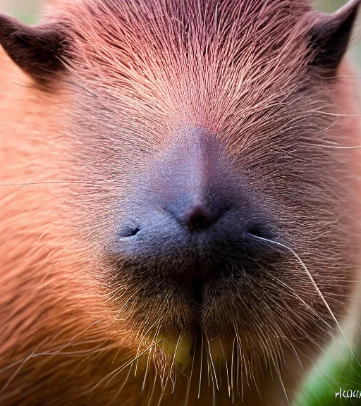 Image similar to award winning 5 5 mm close up portrait color photo of a capybara with pink slime oozing out of its nose, in a park by luis royo. soft light. sony a 7 r iv