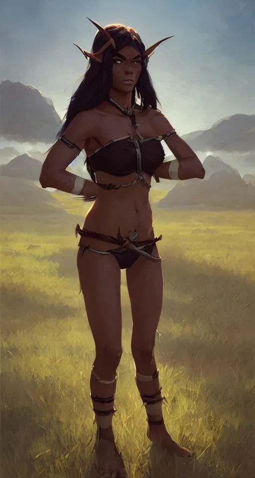 Image similar to half orc half elf woman, beautiful face and small orc tusks, standing in the savannah, by ilya kuvshinov, krenz cushart, Greg Rutkowski, trending on pixiv