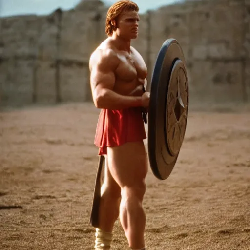 Prompt: photo of brock lesner as Achilles in the movie Troy cinestill, 800t, 35mm, full-HD