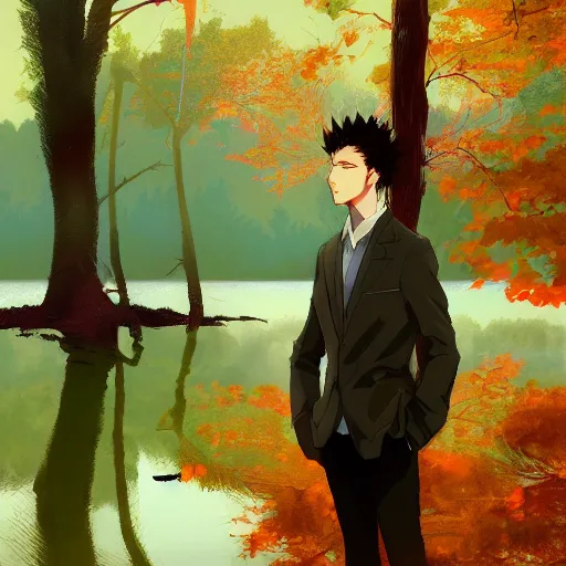 Image similar to stoic young man with red tipped hair that is otherwise green wearing a cream colored suit shedding a single tear standing before a lake in an autumnal forest, digital art, oil painting inspiration, yoji shinkawa inspiration, anime inspiration, artstation