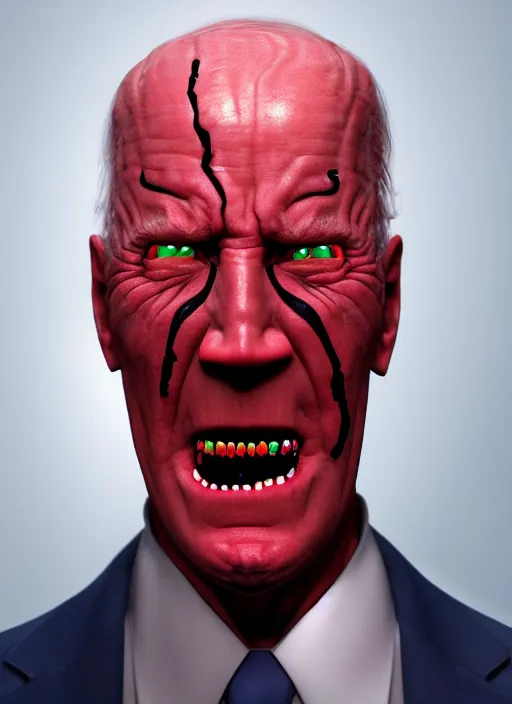 Prompt: hyper realistic ultra realistic cenobite pinhead biden photo furious glowing red eyes biden, high quality photo, detailed , 8k