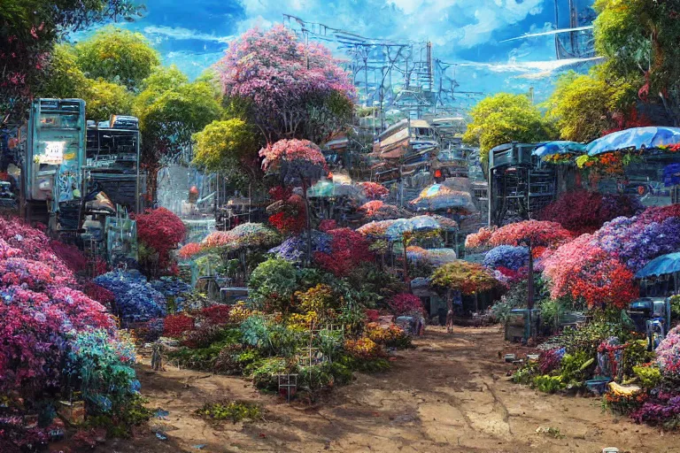 Image similar to oil painting, super - detailed scene electronics waste dump, cyberpunk garden, agbogbloshie, indigo blooming flowers garden, japanese sci - fi books art, artwork by jean giraud, hd, 4 k, high quality