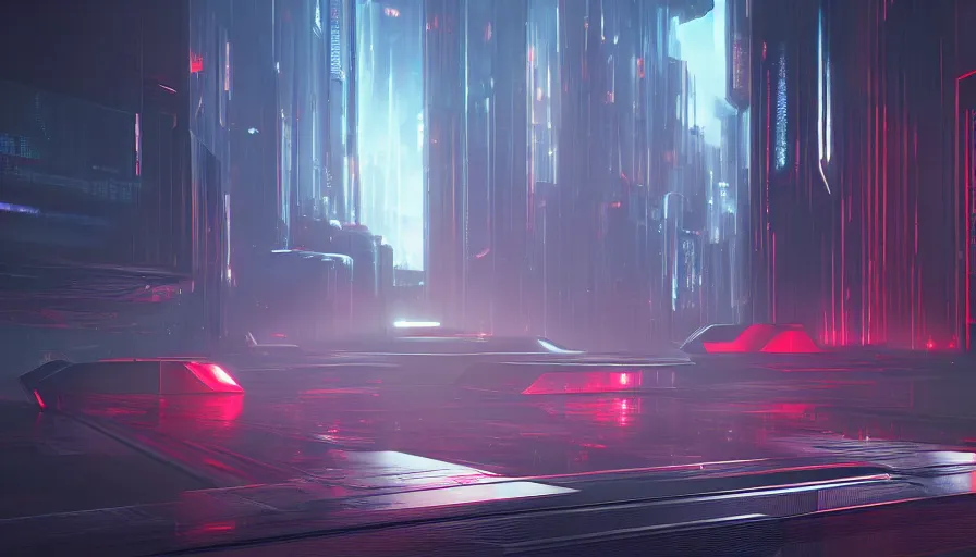 Image similar to concept art of a futuristic dark cyberpunk distopia with reflections, rendering in octane and redshift