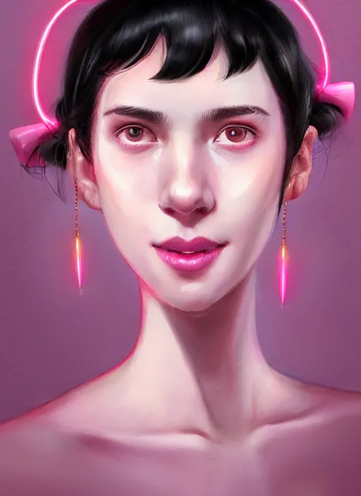 Image similar to portrait of high school girl, realistic, black hair, bangs, half updo hairstyle, pointy nose, skinny, smile, ugly, defined jawline, big chin, pink hair bow, earrings, intricate, elegant, glowing lights, highly detailed, digital painting, artstation, sharp focus, illustration, art by wlop, mars ravelo and greg rutkowski