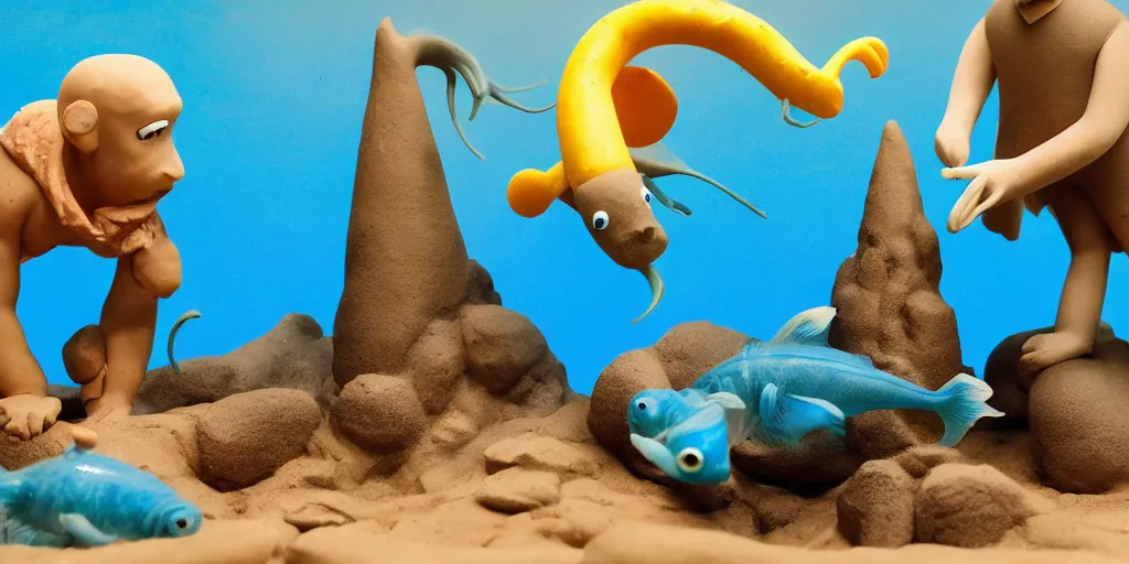 Image similar to plasticine model in water. siamese fighting fish. clay figure. salvador dali. tropical fish tank with sand. astrix and obelisk. tintin. hands. wallace and gromit. figures clay. aquatic photography.