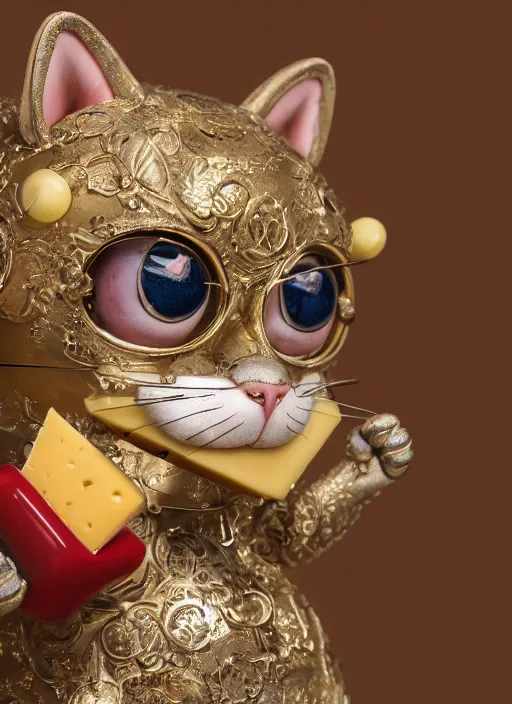 Prompt: closeup portrait of tin toy napoleon cat holding cheese, depth of field, zeiss lens, detailed, symmetrical, centered, fashion photoshoot, by nicoletta ceccoli, mark ryden, lostfish, earl nore, hyung tae, frank frazetta, breathtaking, 8 k resolution, extremely detailed, beautiful, establishing shot, artistic, hyperrealistic, octane render