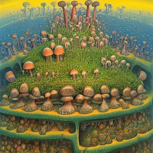 Prompt: a mushroom city, painted by jacek yerka