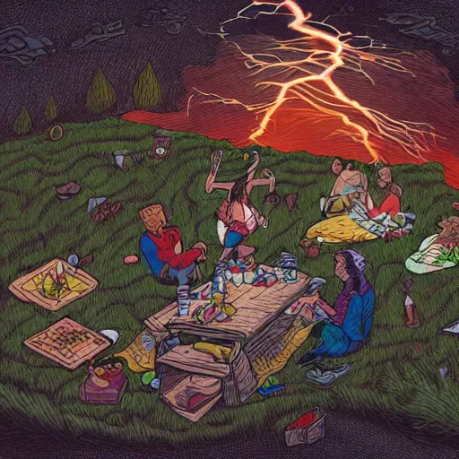 Image similar to a detailed illustration of a god ruining a picnic in the park, nightmare in the park, calamity, dark storms with lightning, ultrawide lens, aerial photography, natural disaster, 8 k, art by the unemployed philosophers guild