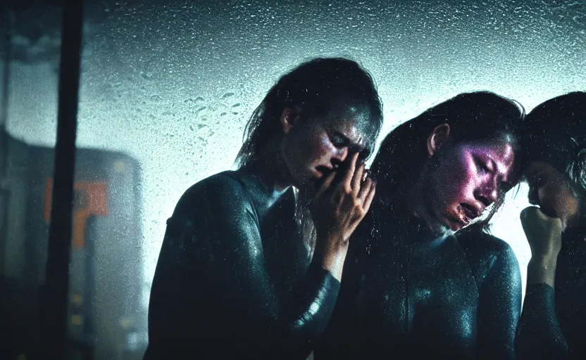 Image similar to cinestill 5 0 d candid photographic portrait by steven spielberg of two loving female androids sobbing wearing rugged black mesh techwear in treacherous waters, flooded city, medium closeup, retrofuturism cyberpunk moody emotional cinematic, pouring iridescent rain bright spotlight helicopter, 8 k, hd, high resolution, 3 5 mm, f / 3 2, ultra realistic faces, ex machina