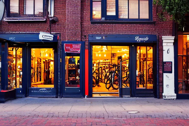 Prompt: boutique bicycle shop storefront wide angle street at dusk, red brick surround, cinematic lighting