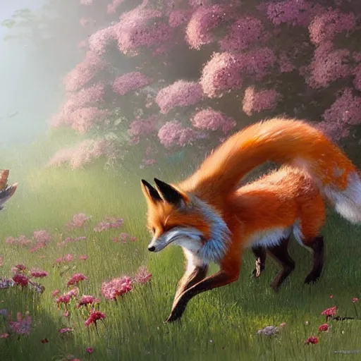 Image similar to a fox surrounded by beautiful flowers, by stanley lau and greg rutkowski