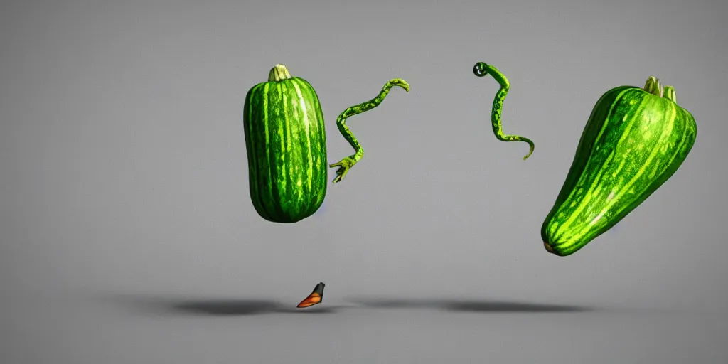 Image similar to detailed 3 d render of a bad zucchini character with arms and legs and a long sword!! chasing after a tomato character, hyper realistic octane render, cinematic lighting, pixar surrealism