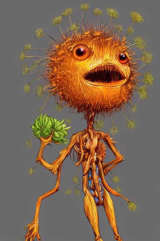 Prompt: a humanoid figure dandelion plant monster, orange eyes, highly detailed, digital art, sharp focus, ambient lighting, trending on art station, anime art style