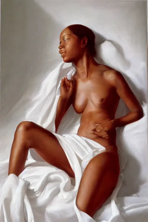 Prompt: hyperrealism, portrain of red skinned woman in white sheets, soft light, in style of classicism