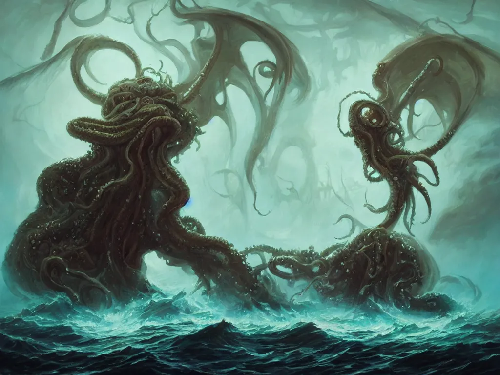 Image similar to oil painting of Cthulhu rising from the ocean, epic scene, gigantic monster, peter mohrbacher