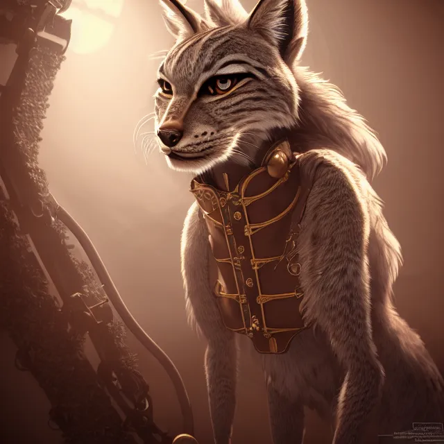 Prompt: the portrait of anthropomorphic lynx fursona wearing a steampunk suit as unimaginably beautiful, gorgeous, elegant, young lynx, an ultrafine hyperdetailed illustration by furaffinity, intricate linework, white fur, unreal engine 5 highly rendered, global illumination, radiant light, detailed and intricate environment