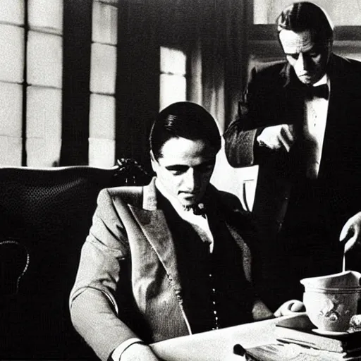 Prompt: scene from the godfather with the godfather seated at his desk. cinematic, photorealistic, realistic faces