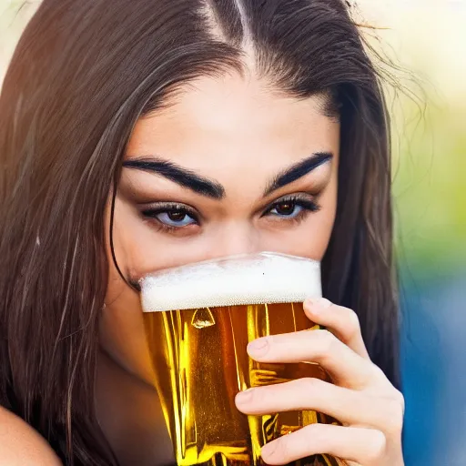 Image similar to 4k,ultra detailed portrait of Madison Beer drinking beer at the parking lot by Rachel Ruysch