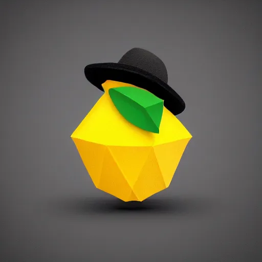 Image similar to low-poly logo of a lemon wearing a low-poly black fedora, 4k