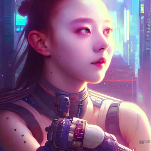 Image similar to painting of cyberpunk chuu loona kpop smiling cheerfully, ultra realistic, concept art, intricate details, eerie, highly detailed, photorealistic, octane render, 8 k, unreal engine. art by artgerm and greg rutkowski and magali villeneuve and alphonse mucha
