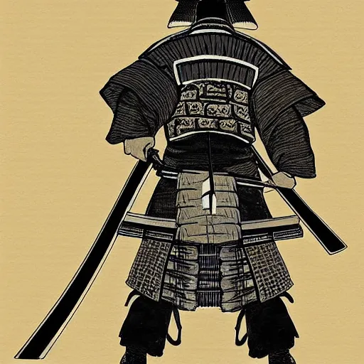 Prompt: A FULL BODY PORTRAIT FROM BEHIND OF A SAMURAI WITH A KATANA AND A CHAIN INK ART