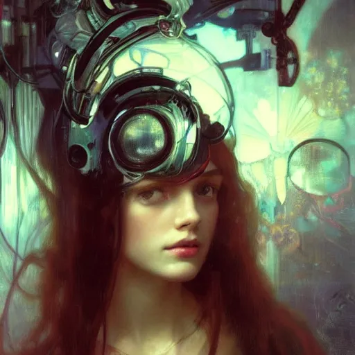 Image similar to hyperrealist portrait of a pretty young gynoid with large eyes and long hair standing in front of a computer simulation by jeremy mann and alphonse mucha, fantasy art, photo realistic, dynamic lighting, artstation, poster, volumetric lighting, very detailed faces, award winning