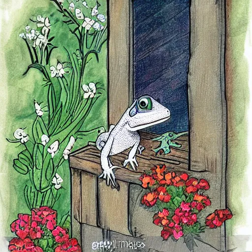 Image similar to a beautiful little lizard stands on a porch dotted with many flowers, fairytale illustration