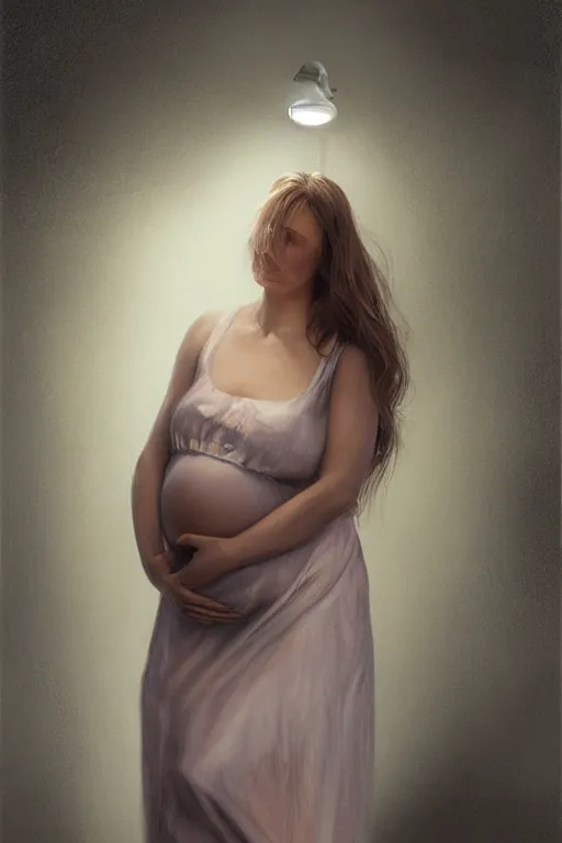 Image similar to full-length portrait of pregnant woman under street light, highly detailed, sharp focused, ultra realistic digital concept art by Alyssa Monks, Charlie Bowater