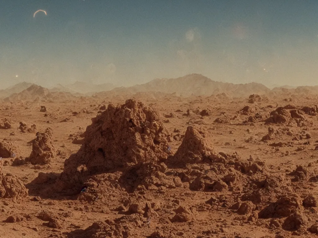 Image similar to glowing bene gesserit in full - face golden mask in a dry rocky desert landscape with lovecraftian abandoned city beneath the sand, giant bones everywhere, super nova explosion in the sky by christopher doyle and alejandro jodorowsky, anamorphic lens, kodakchrome, cinematic composition, very detailed photo, 8 k,