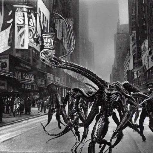 Image similar to old black and white photo, 1 9 1 3, depicting a xenomorph from the movie aliens rampaging through the bustling streets of new york city, historical record