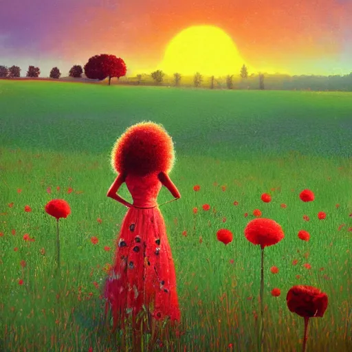 Prompt: girl with afro made of red flower, standing in a field with flowers, surreal photography, hills, big trees, sunrise dramatic light, impressionist painting, colorful clouds, digital painting, pointillism, artstation, simon stalenhag