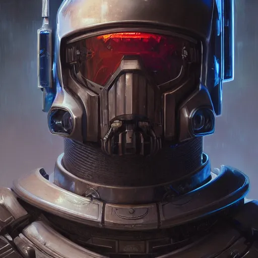 Image similar to the doomslayer as a realistic scifi cyberpunk knight, closeup portrait art by donato giancola and greg rutkowski, vintage retro scifi, realistic face, digital art, trending on artstation, symmetry!!!