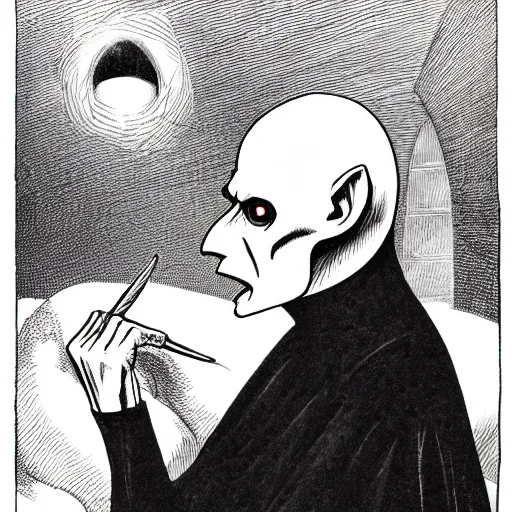 Prompt: Nosferatu sits in an igloo while drawing a self-portrait, over the shoulder view