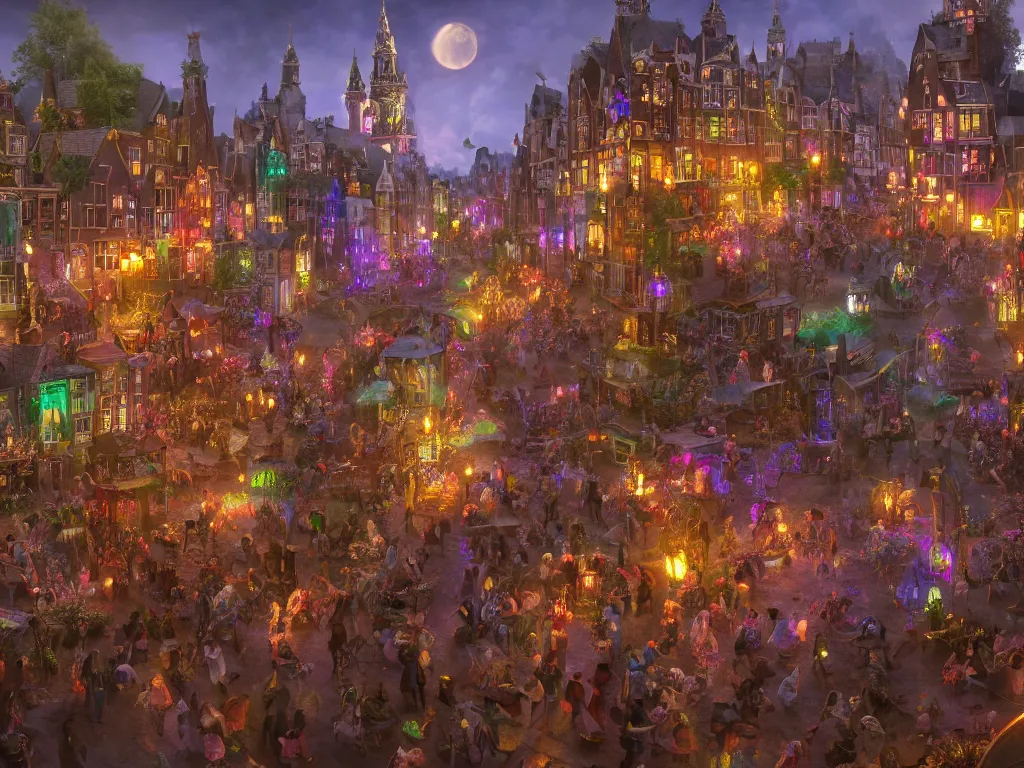 Image similar to a magical town with witches and black cats dancing around a colorful music festival in its center, inspired by victorian england and amsterdam, highly detailed, intricate, digital painting, trending on artstation, concept art, matte painting, art by greg rutkwowski, craig mullins, octane render, 8 k, unreal engine