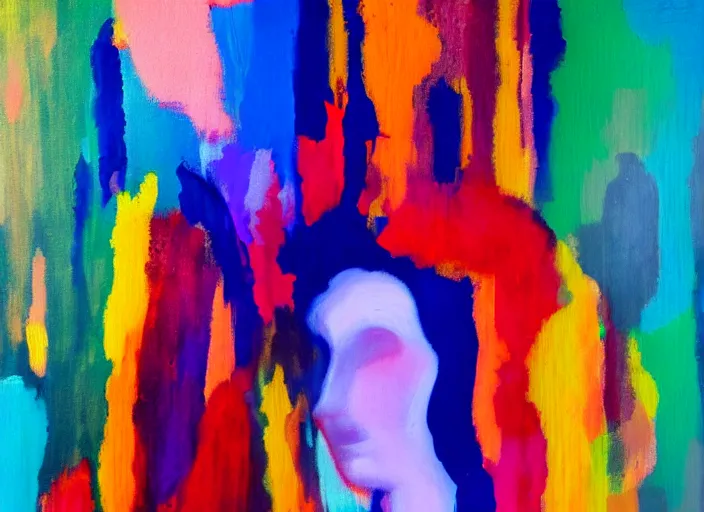 Prompt: Portrait of woman made of paint impasto abstract Rothko in background, portrait in the style of Gerhard Richter, palette knife, paint, blurred, chromatic dispersion