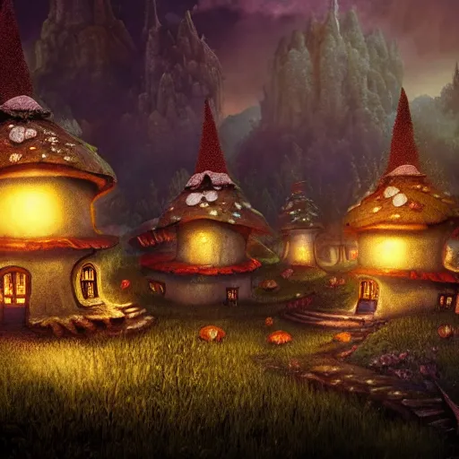Prompt: mushroom houses with gnomes working the gardens, fantasy, epic landscape, black forest region, cinematic, octane render, art station, dramatic lighting, beautiful moonlight night, concept art, rococo, photorealistic, intense detail, 8 k