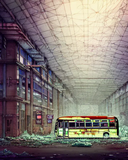 Image similar to a beautiful detailed illustration of abandoned building bus station by denise scott brown, apocalyptic tundra reclaimed by nature wilderness magic realism junglepunk liberty city studio ghibli thermal vision poppy cyberpunk meadow thermal imaging darkacademia biopunk dramatic lighting, archdaily, wallpaper, highly detailed, trending on artstation.