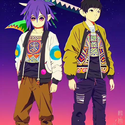 Image similar to majora majora's mask wearing oversized mayan bomber jacket with overalls, bulky poofy bomber jacket with mayan patterns, aztec street fashion, genshin impact art style, gapmoe yandere grimdark, trending on pixiv fanbox, painted by greg rutkowski makoto shinkai takashi takeuchi studio ghibli, akihiko yoshida