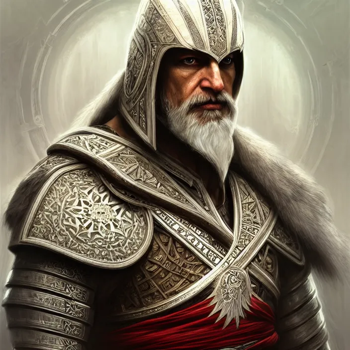 Prompt: symmetry! portrait of a old male caucasian warrior, decorated with white chinese patterns, assassin's creed, intricate, elegant, highly detailed, digital painting, artstation, concept art, smooth, sharp focus, illustration, volumetric lightning, ue 5, art by artgerm and greg rutkowski and alphonse mucha, 8 k