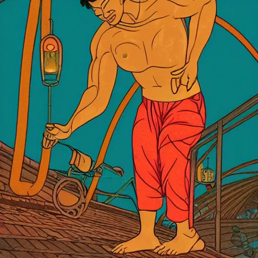 Image similar to A Hindu personal trainer, by Ivan Bilibin, Hiroshi Nagai, Atompunk, 5d, Midnight, 8k, Fog