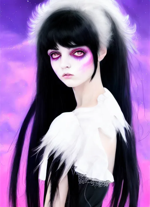 Image similar to hair blackbangs hair, white cyberlox, portrait of normal teenage girl, normal face, black bangs, messy bangs, fluffy bangs, cyberlox, whitebangs, red contact lenses, purple background, intricate, elegant, highly detailed, digital painting, artstation, concept art, sharp focus, smooth, illustration, art by wlop, mars ravelo and greg rutkowski