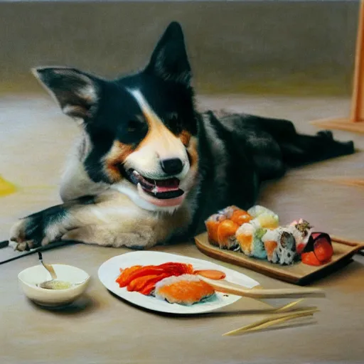 Image similar to a dog eating sushi at nobu, cottage core, cinematic focus, polaroid photo bleached vintage pastel colors high - key lighting, soft lights, foggy, by steve hanks, by lisa yuskavage, by serov valentin, by tarkovsky, 8 k render, detailed, oil on canvas