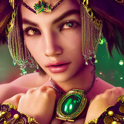 Image similar to photograph of wonderful princess with smooth fair skin, green jewelry, breathtaking, elegant, ornate, intricate, hyper detailed, accent lighting, dramatic light, 4 k octane render