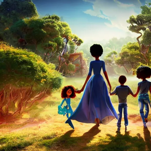 Image similar to stunning, coherent, impressive, detailed still of black family in a fantasy dream world park, follow shot, 3d, in the style of pixar, comic book style, 3d, highly detailed, sharp focus, bokeh, depth of field, 16k resolution, Unreal Engine 5, coherent, cinematic lighting, photorealistic, by Zhang Jingna