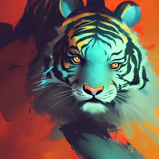 Prompt: concept art of anthropomorphized tiger black and teal, highly detailed painting by dustin nguyen, akihiko yoshida, greg tocchini, 4 k, trending on artstation, 8 k