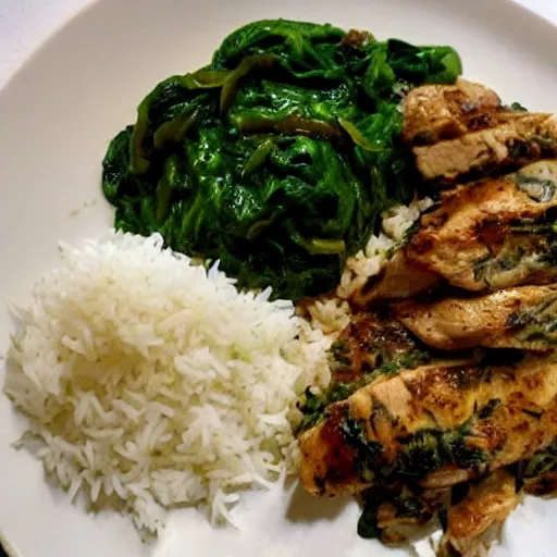 Image similar to spinach with rice and chicken, Michelin star, award winning