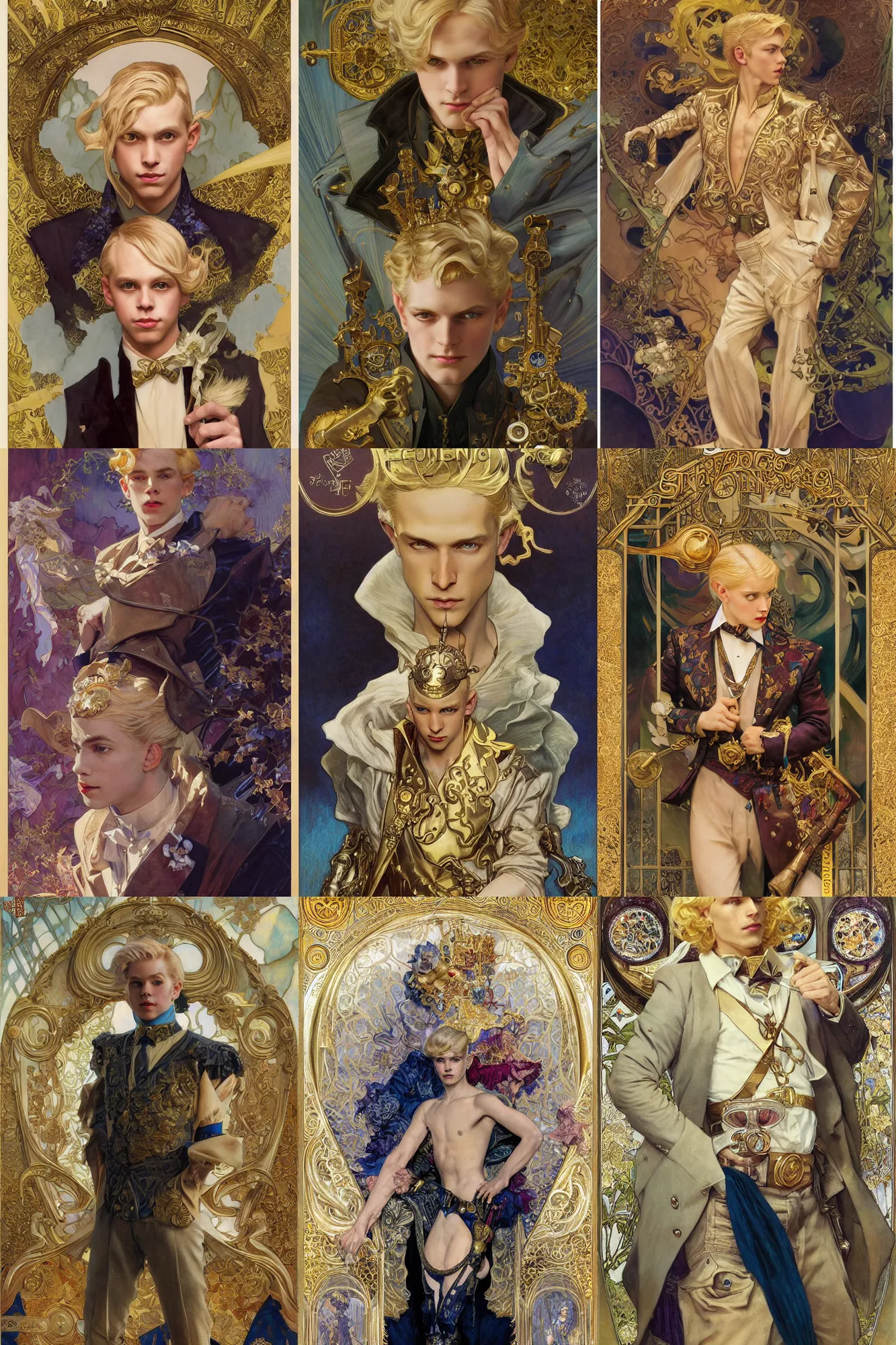 Prompt: beautiful young prince, blonde hair, gold, 1 9 2 0 s fashion, fantasy, art by joseph leyendecker, donato giancola, dean cornwell, peter mohrbacher, ruan jia, marc simonetti, ayami kojima, cedric peyravernay, alphonse mucha