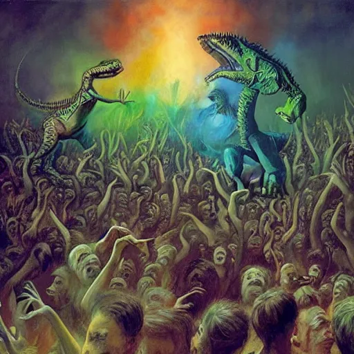 Image similar to A group of dinosaurs dancing in a rave party, by Esao Andrews and Karol Bak and Zdzislaw Beksinski